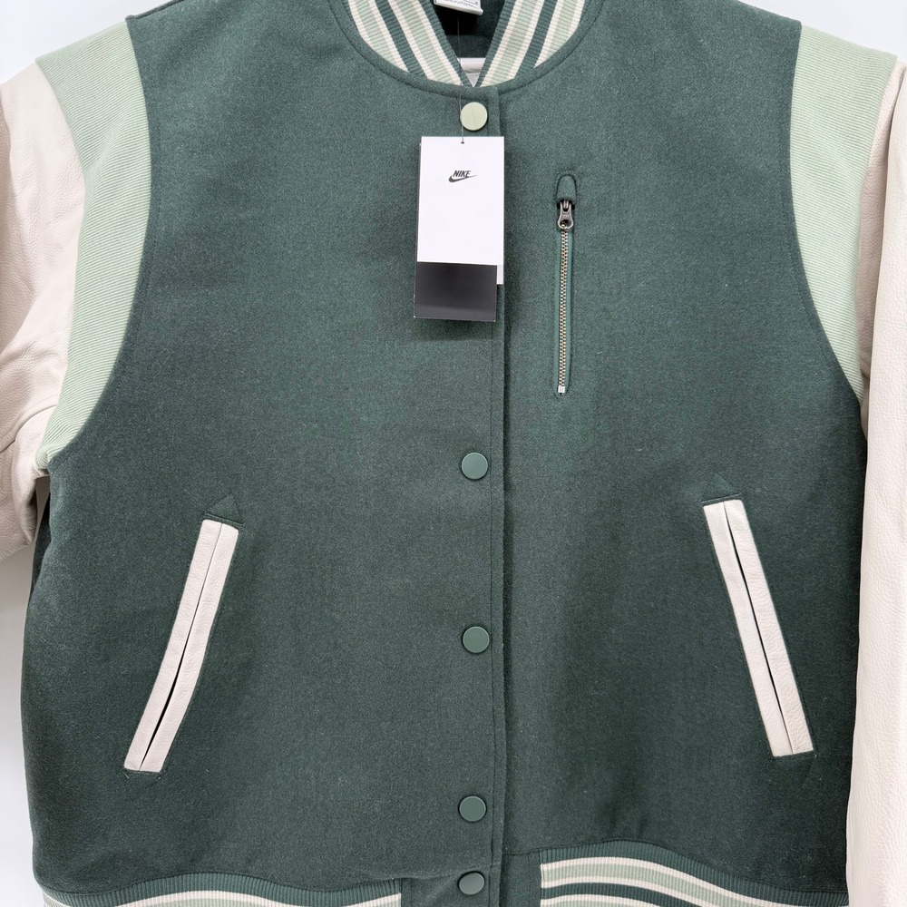 NWT Nike Destroyer Varsity Bomber Jacket Leather Green Cream $500 Retail Wmns L - Picture 4 of 16
